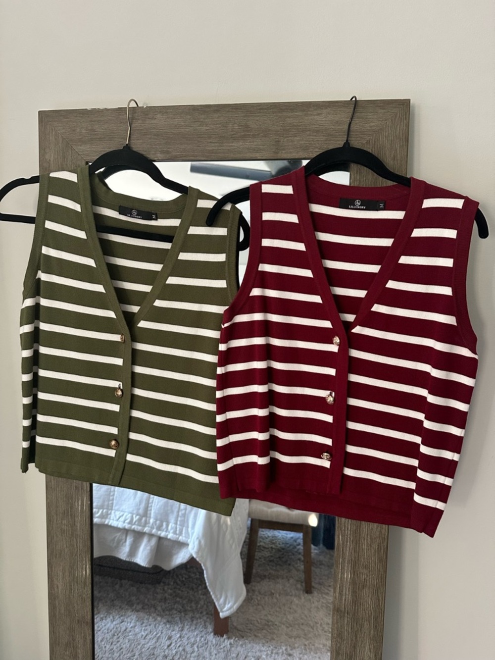 LILLUSORY Olive & White Striped Knit Vest and a Burgandy & White knit vest